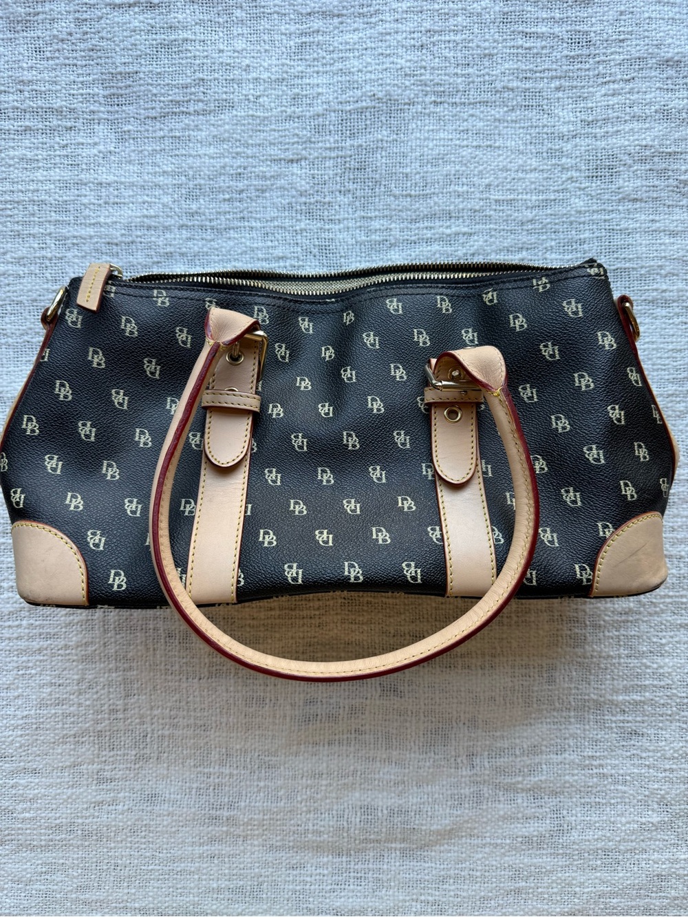 Dooney Bourke Black Multicolor DB Monogram Satchel Tan Leather Y2K